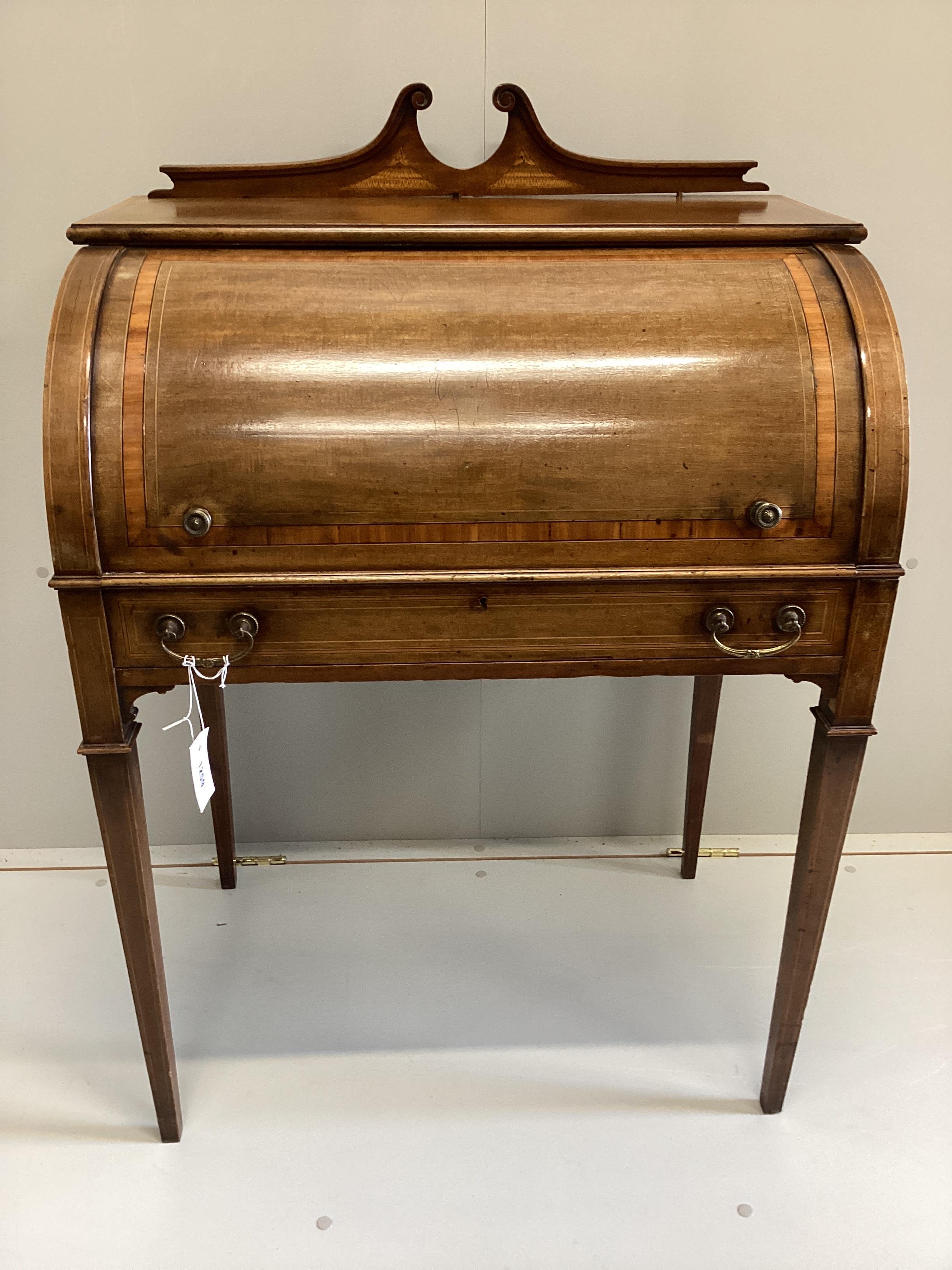 A small Edwardian satinwood banded mahogany cylinder bureau, width 73cm, depth 49cm, height 94cm